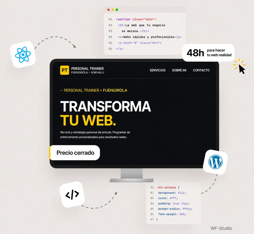 Preview visual del mockup principal con ordenador e iconos de herramientas web